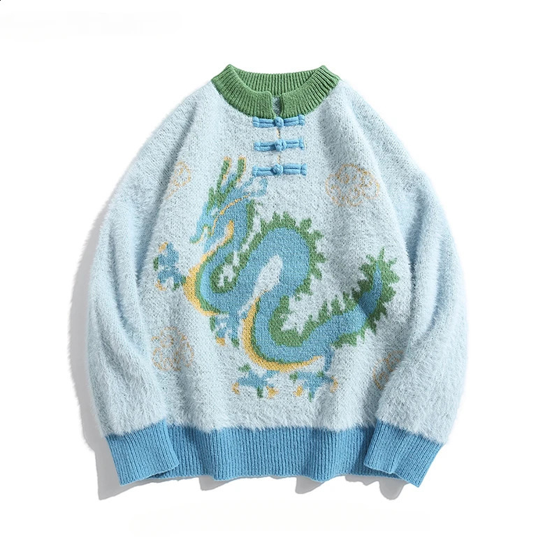 Autumn Winter Retro Buckle Chinese Dragon Jacquard Pullovers Sweaters Men and Women High-end Loose Casual Tang Suit Knitted Tops 240821