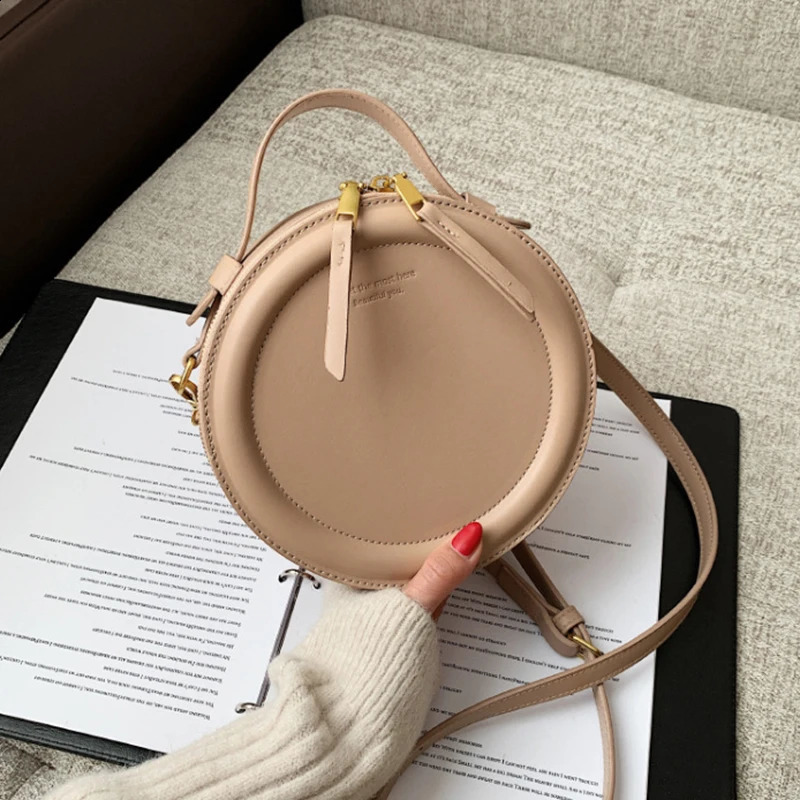 Solid color Crossbody Bag For Women Round Small Handbag Fashion Bags PU Leather Shoulder Female Zipper Purses 240821