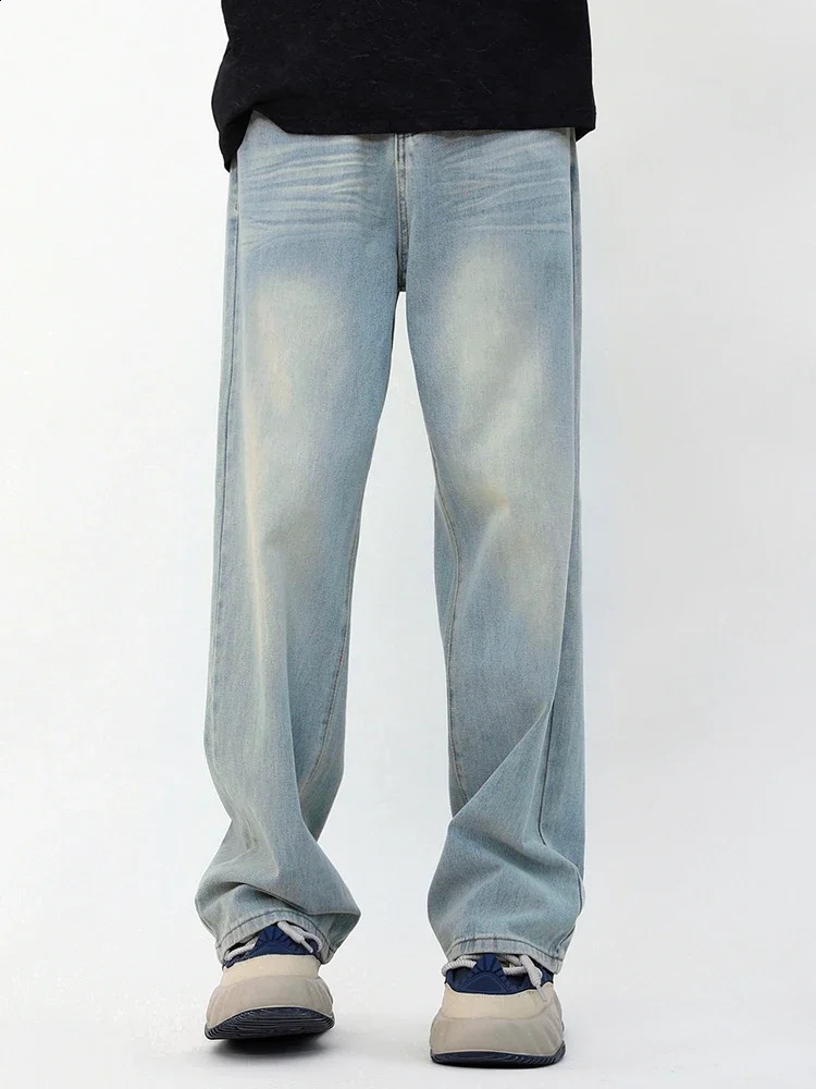 Baggy Korean Jeans Mens Personalized Y2k Pants Fashion Straight Casual Vintage Denim Trousers Male Streetwear Blue 240821