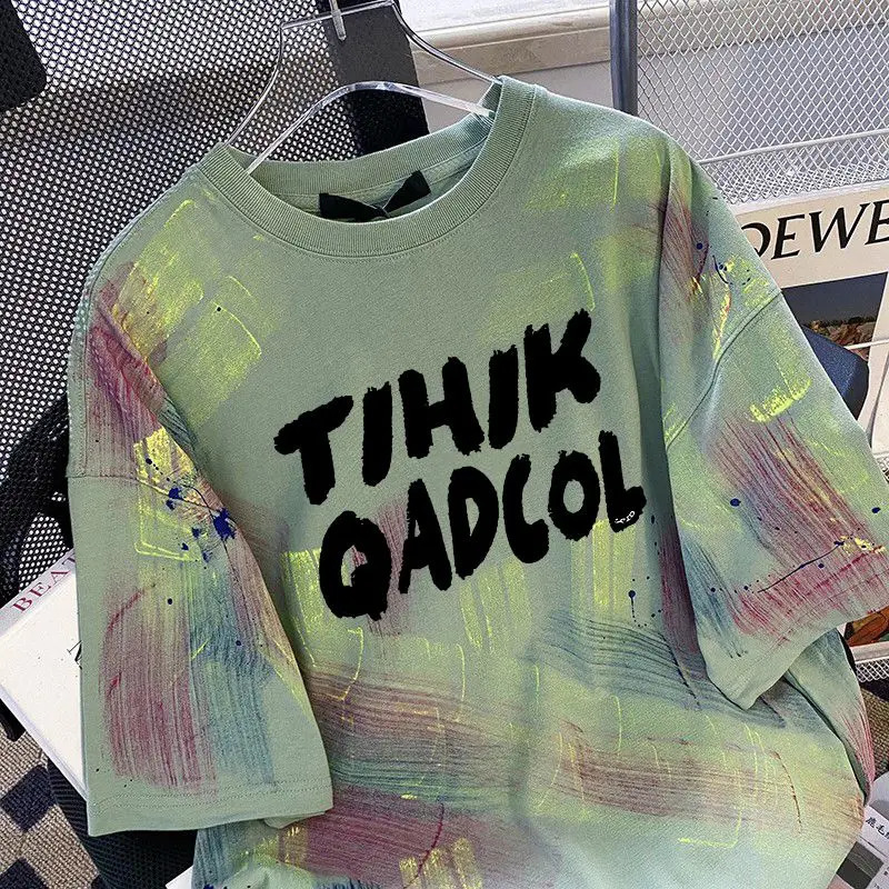 Minimalist style western-style letter graffiti pure cotton medium to long length t-shirt womens high-end colorful tie dye loose fitting meat cover top