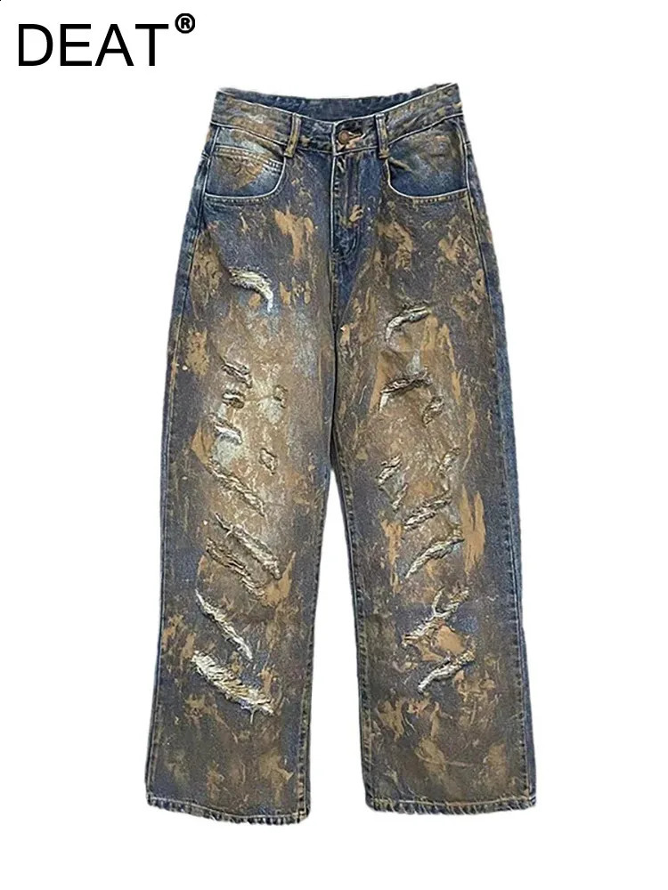 DEAT Womens Jeans High Waist Paint Distressed Broken Holes Straight Wide Leg Female Loose Denim Pants Summer Fashion 240820