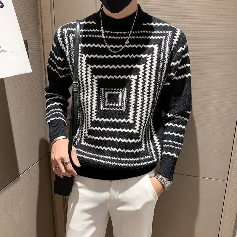 Man Clothes Graphic Knitted Sweaters for Men Pullovers Striped Half Collar Turtleneck White Korean Fashion Order Classic X 240821