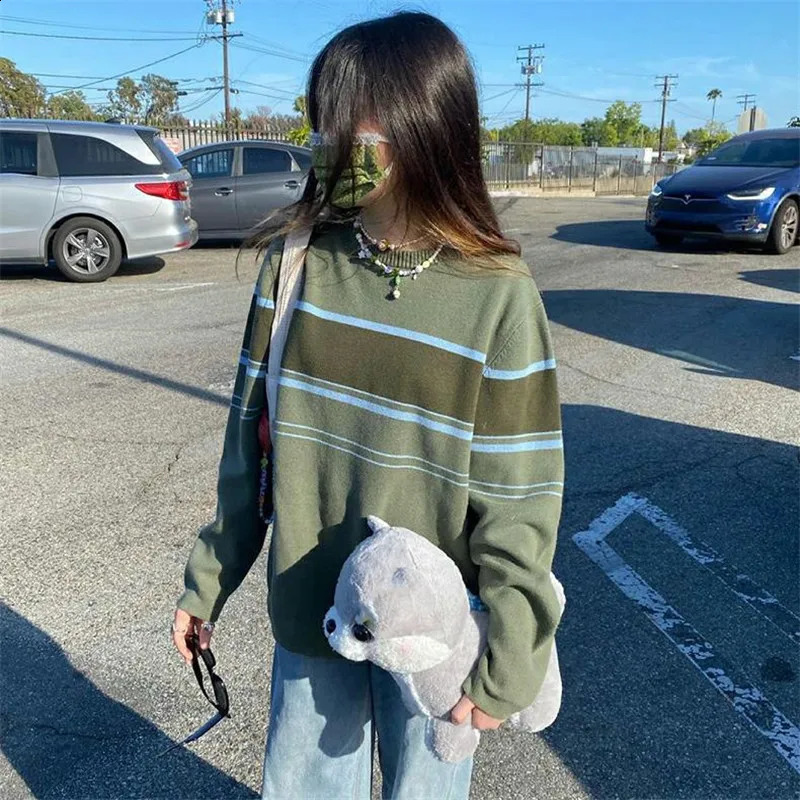 Womens Y2K striped oversized sweater long sleeved staff collar Harajuku retro aesthetic knitted floral top 240821
