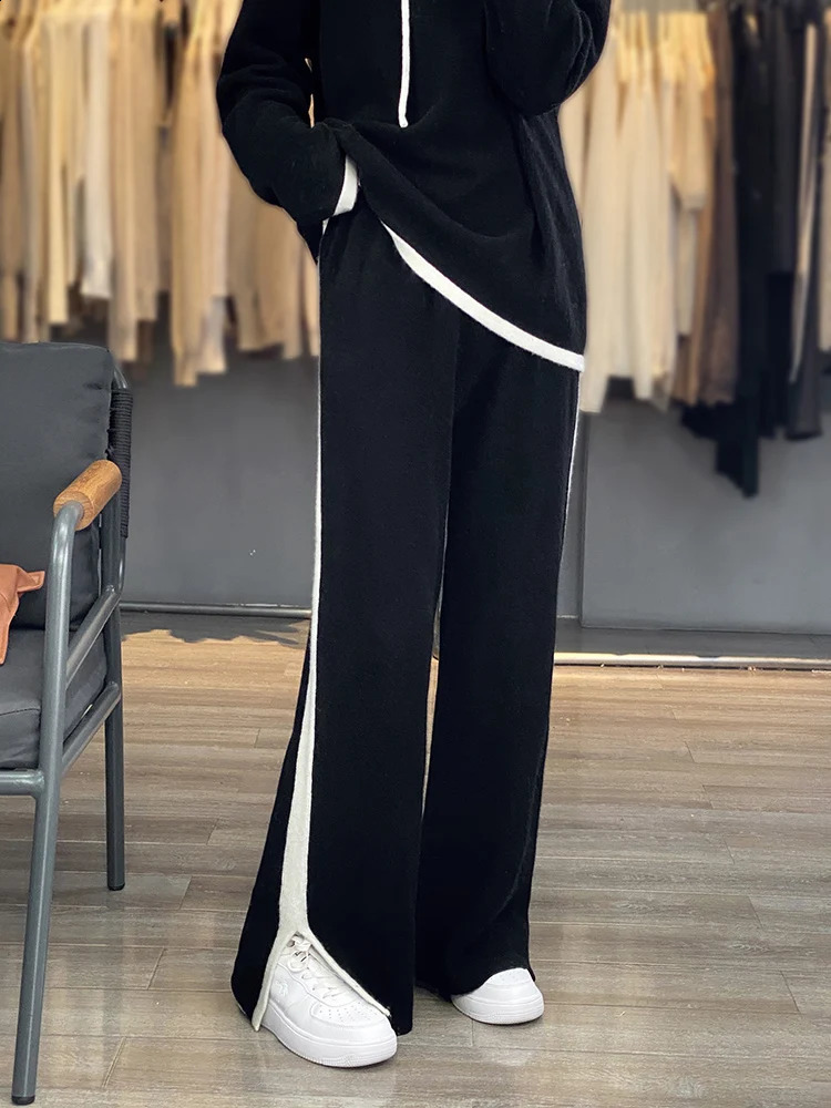 Autumn Winter Hoodie 100% Wool Knit Suits Womens Hooded Knitted Pullover Loose Wide Leg Trousers Fashion High-Grade Suits 240820