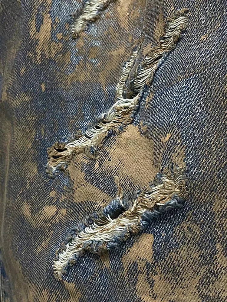 DEAT Womens Jeans High Waist Paint Distressed Broken Holes Straight Wide Leg Female Loose Denim Pants Summer Fashion 240820