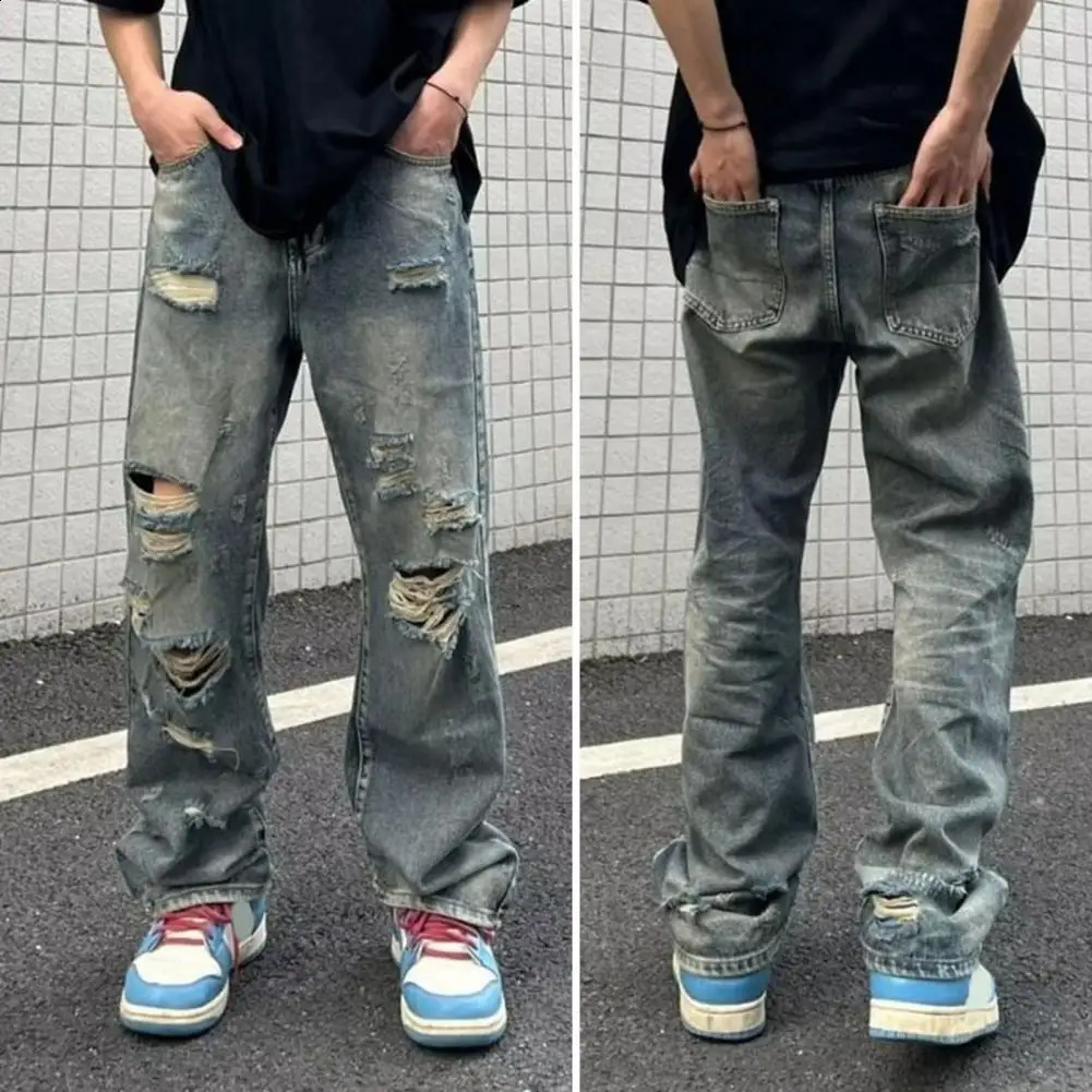 Hip Hop Style Jeans Streetwear Mens Ripped Hole Wide Leg Jeans with Multi Pockets Distressed Details for Casual Hip Hop Style 240821