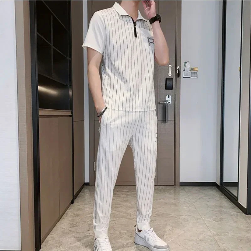 Top Jogging T Shirt Man Jogger Mens Clothing White Pants Sets Striped Tracksuit Smooth Sports Suits Short Quarter Sleeve Casual 240821