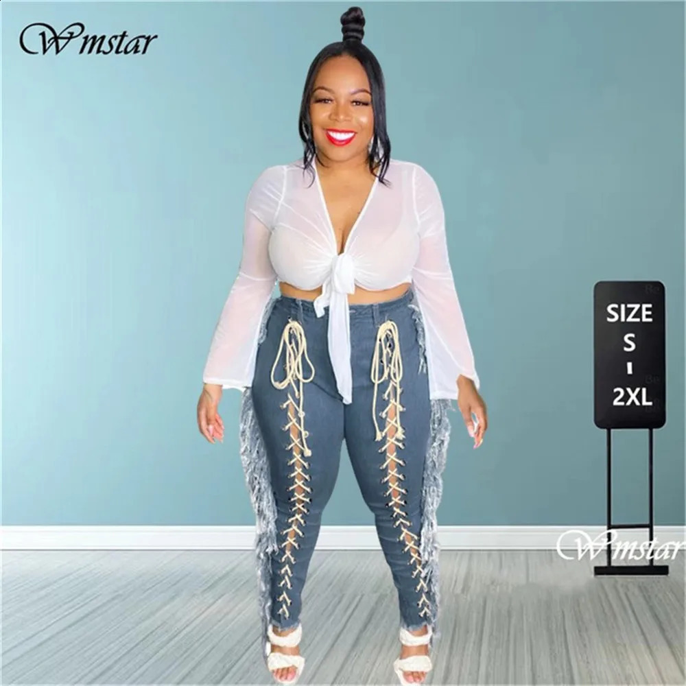 Wmstar Jeans Women High Waist Tassel Hole Bandage Denim Ripped Bottom Stretch Boyfriend Streetwear Wholesale Drop 240821