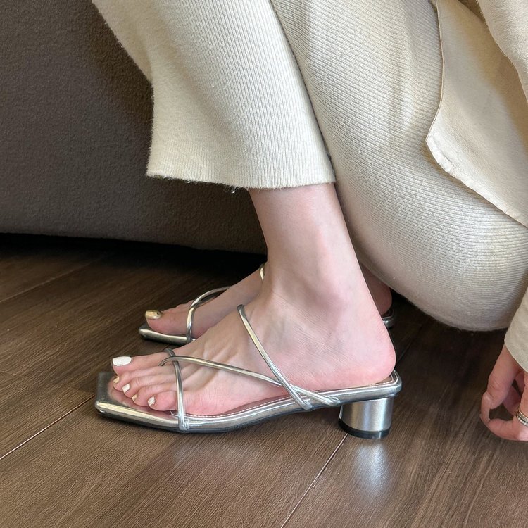 Ddmysports French Semi Slippers For Women S Summer Wear New Korean Version Gentle Fairy Style Slim Strap Silver Thick Heel Cool Mop OUTDOOR