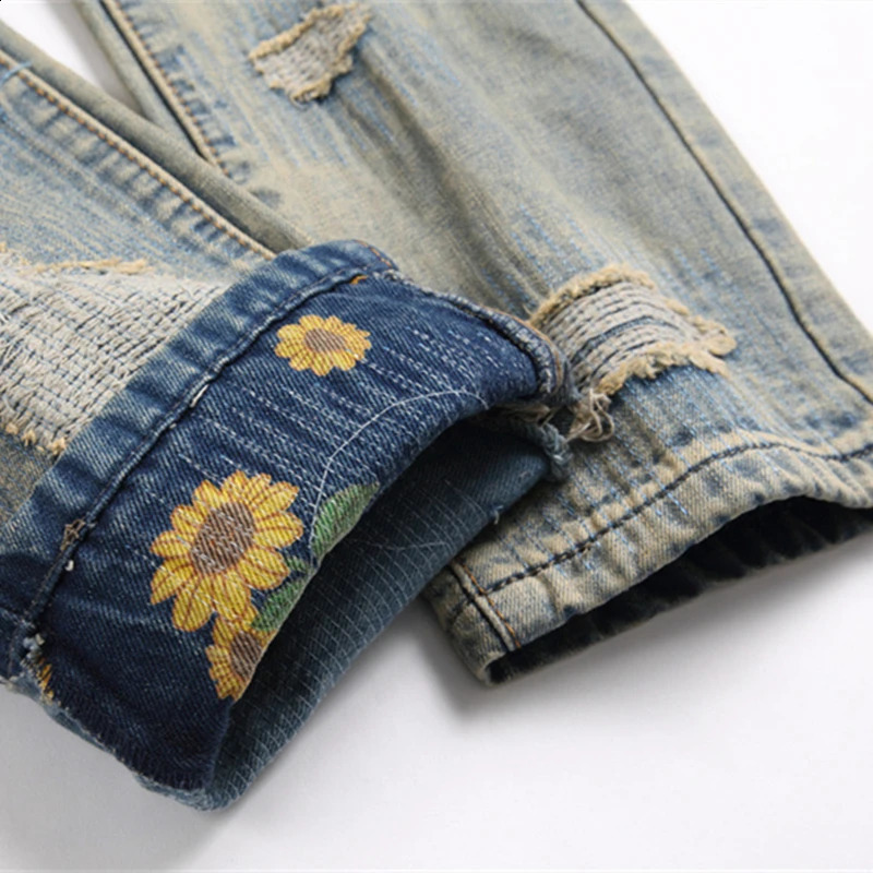 Spring Ripped Patch Jeans Retro Blue Slim Mid-Waist Elastic Mens Cuffed Printed Hip Hop Casual Pants 240821