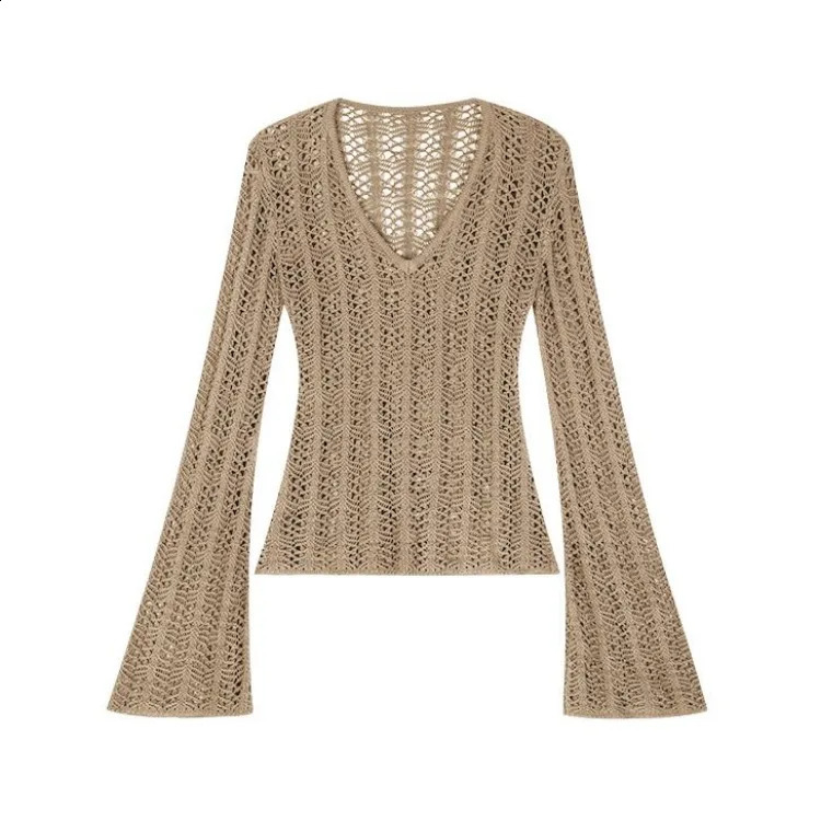autumn Vneck knitted top Mujer Fashion All match ultrathin fit sweater Y2k EGirl flash sleeve puller 240821