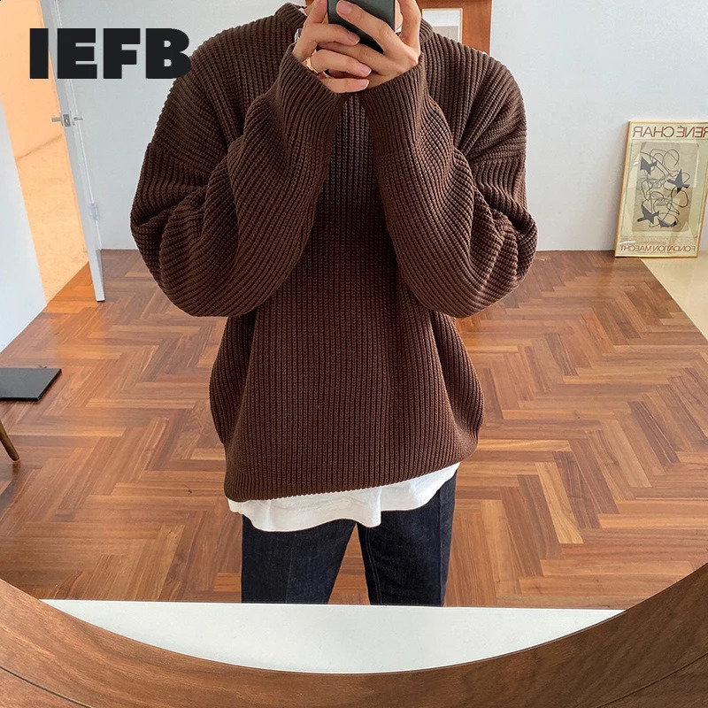 IEFB autumn winter round neck Sweater mens Korean fashion solid color loose basic loose kintwear vintage clothes oversize Y4524 240821
