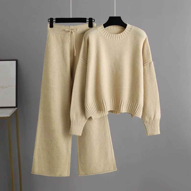HLBCBG Basic Two Piece Knitted Loose Pants and O Neck Sweater Suit Women Autumn Winter Warm Sets Female Tracksuits Pullover 240820