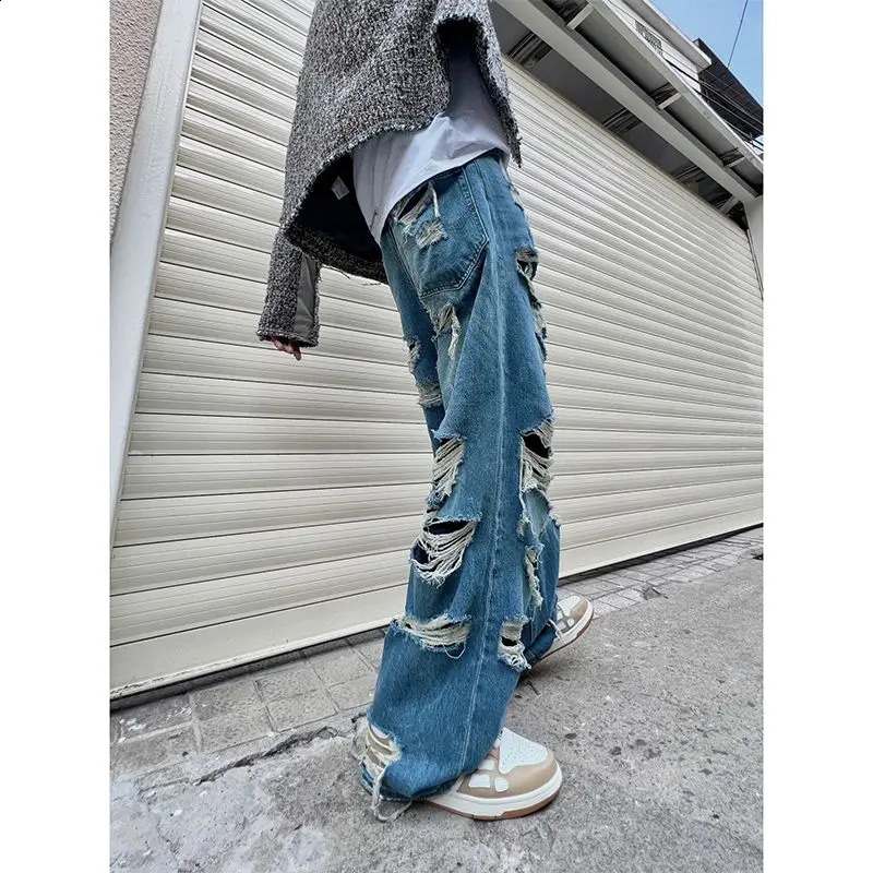 Blue hole n high street high waisted jeans men y2k baggy hip hop fashion trend straight wide leg pants vintage 240821