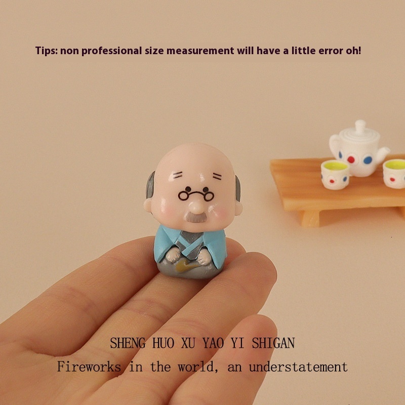 Resin Creative Crafts Mini Tea Set Elderly Doll Office Desktop Small Ornament Micro Landscape Home Scene