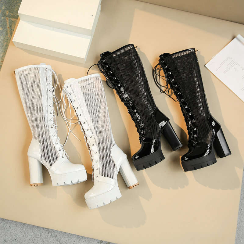 2021 PU Leather Knee Platform Square High Heel Women Summer Boots Fashion Mesh Women's Shoes Black White
