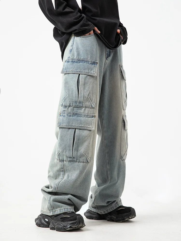 Autumn Cottom Men Cargo Jeans Baggy American High Street Multi-pocket Youth Overalls Fashion Streetwear Vintage Wide Leg Pants 240821