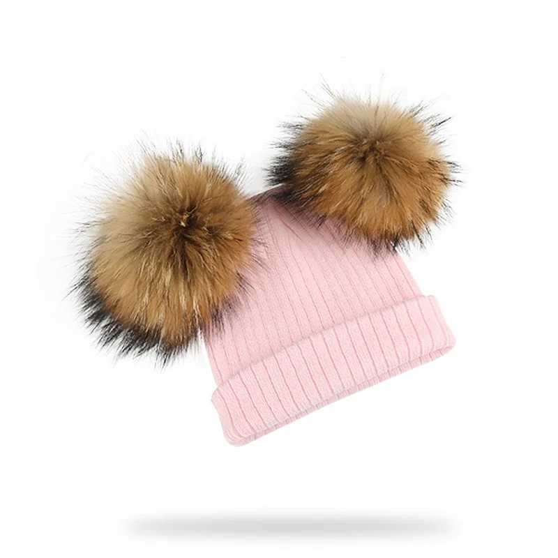 Winter Kids Natural Raccoon Fur Double Pompon Hat And Scarf For Girls Baby Cap With Genuine Pompom Childrens Accessories Bonnet M240821