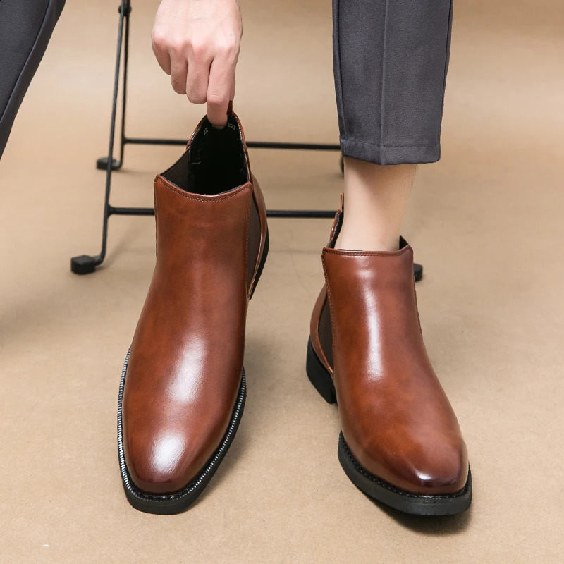 Mens Pointed Chelsea Boots Business Leather Shoes Black Brown Cowboy Autumn Winter Boots Party Dress Ankle Bottas Large 240821
