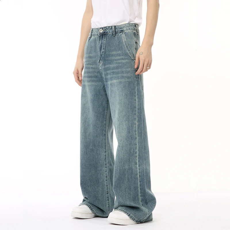 IEFB Korean Style Male Denim Pants Draping Straight Wide Leg Loose Washed Mens Casual Jeans Summer Trendy 9C6676 240821