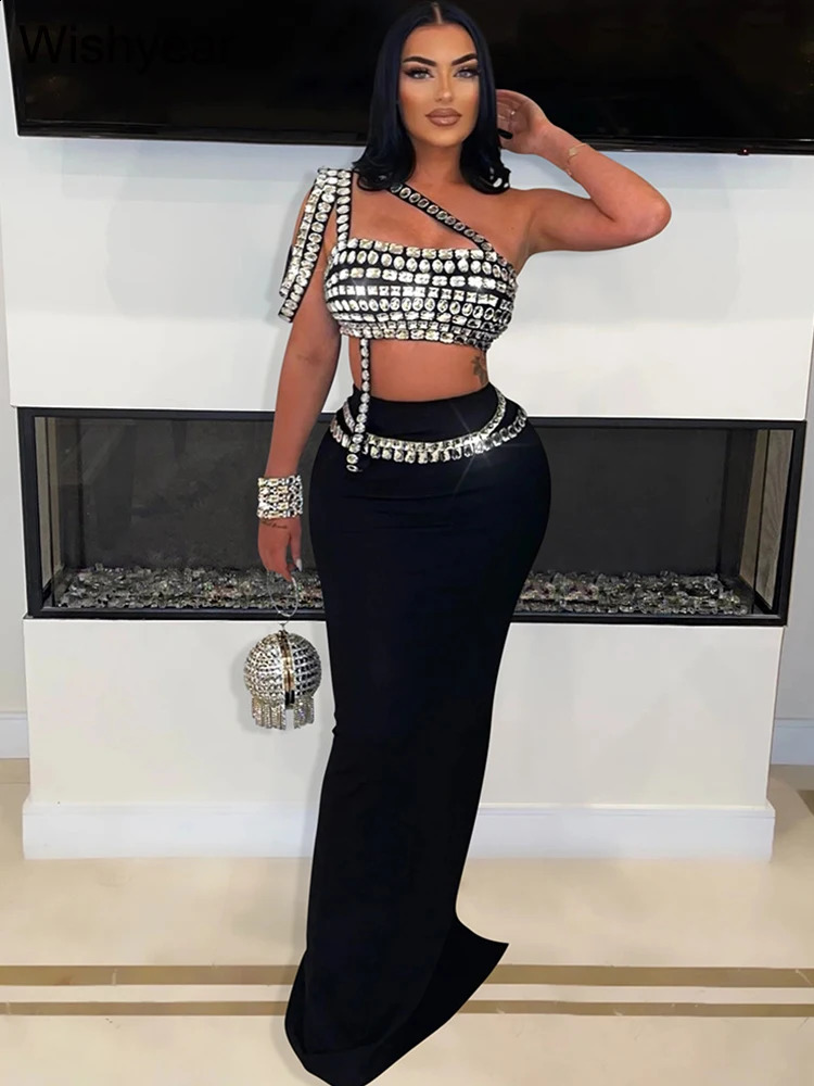 y Celebrity Evening Club Womens Sexy Black One Shoulder Diamond Long Skiing and Crop Top Two Piece Set 240821