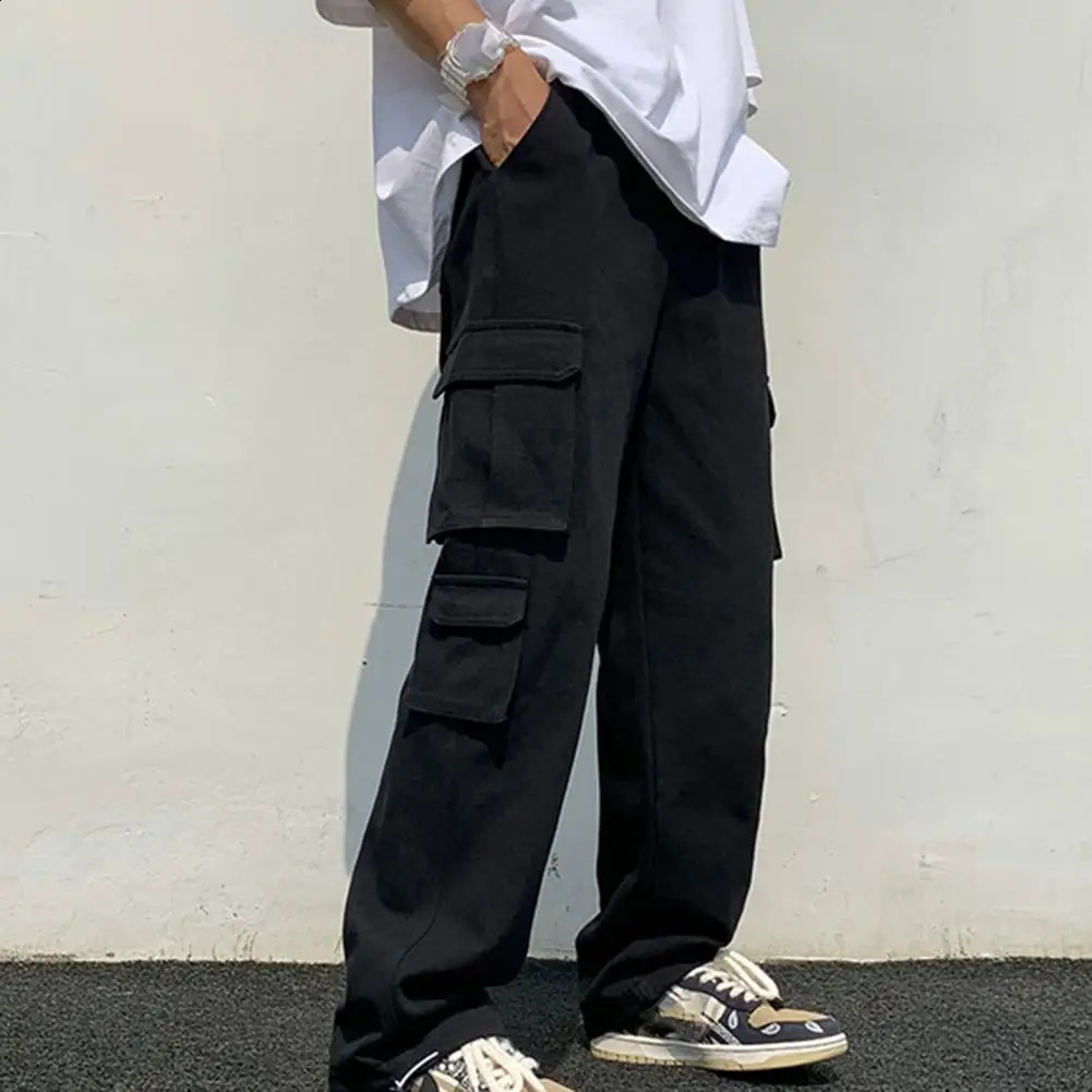 Mens cargo pants straight with multiple pockets solid color brushed elastic waist work and leisure 240821
