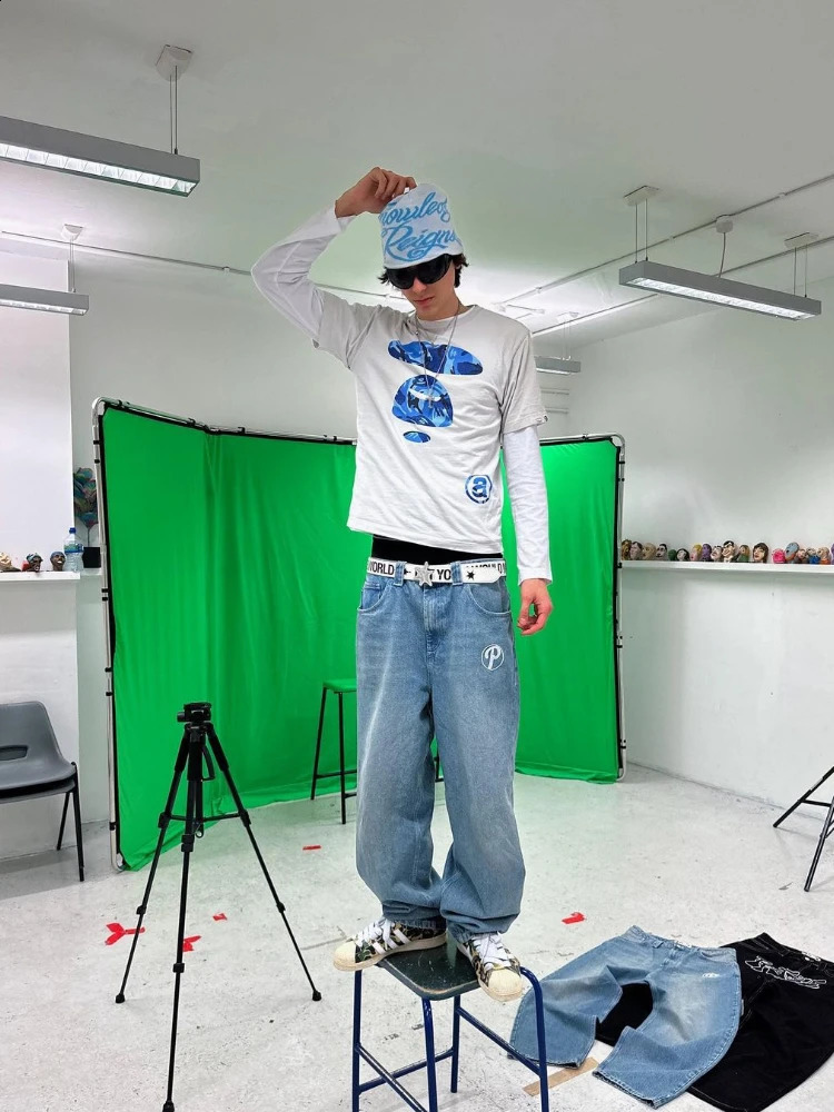 Baggy Casual Wide Leg Jeans Men Street Retro Hip Hop Print Jeans Trend Fashion Black High-waist Jean Y2k Men Clothing 240814