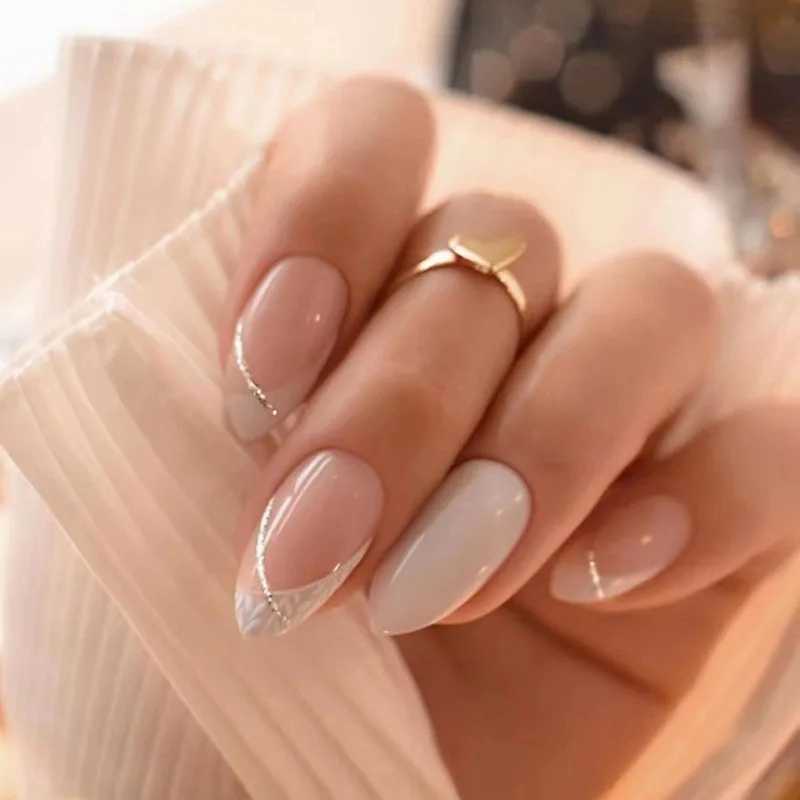 24Pcs Bright Yellow French Round Head False Nails Natural Leaf Design Fake Nails Long Almond Press on Nails Full Cover Nail TipsXJ241025