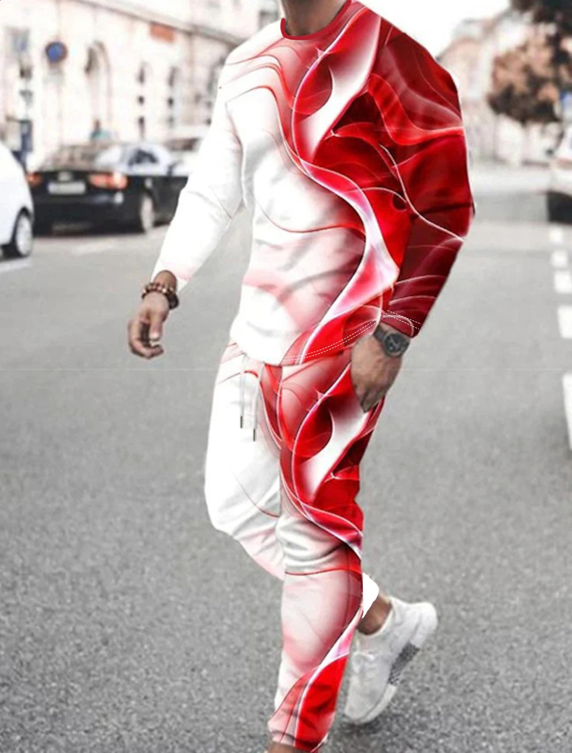 Summer Fashion Mens Long Sleeved Pants Casual Comfortable Wave Printed Sports Set 240821