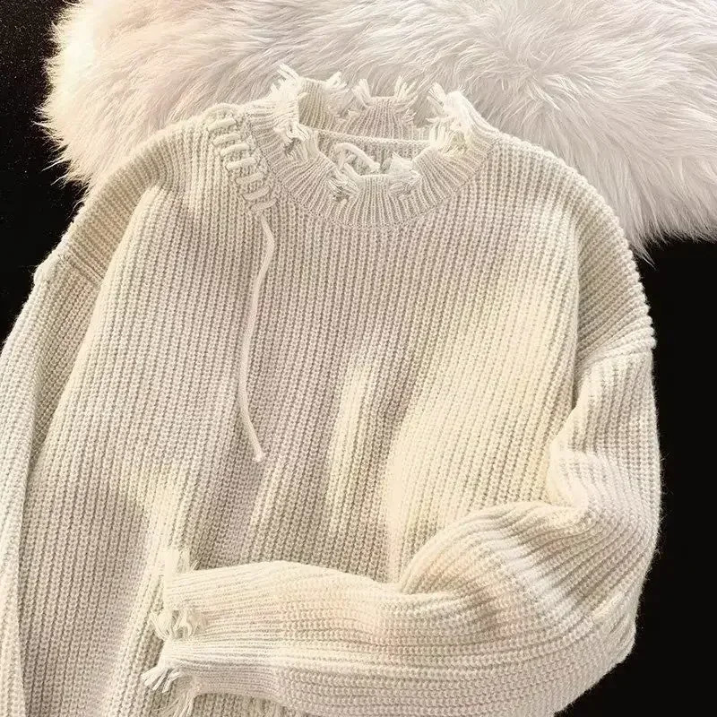 Mens Clothing Pullovers Beige Knit Sweater Male Torn with Holes Solid Color Patchwork Plain Loose Fit Korean Autumn Clothes X A 240821