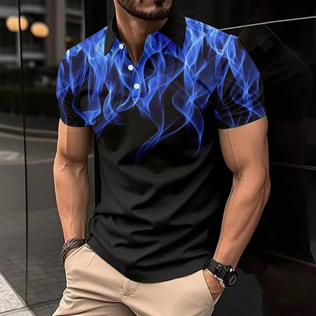 2024 Cross border Mens Casual POLO Shirt Flip Collar Button Business Digital Print Versatile Mens Shirt Tiki selling 240821