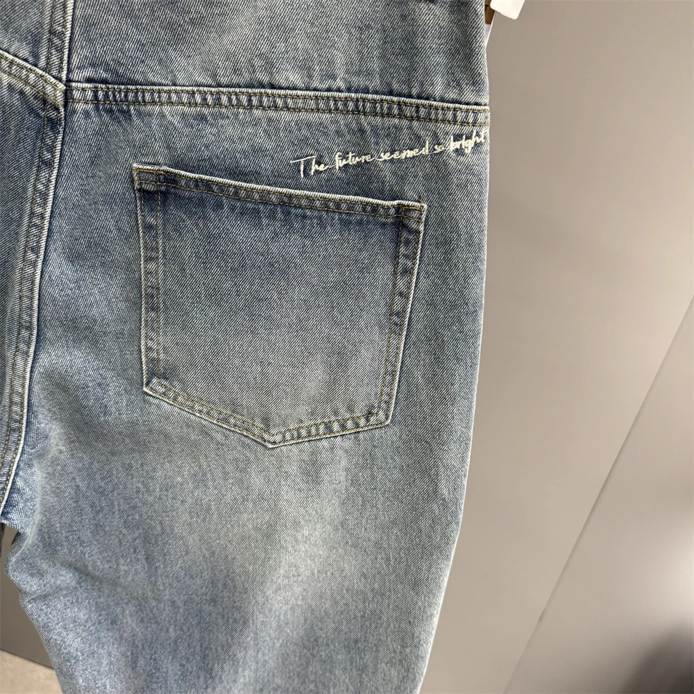 American Vintage Light Blue Distressed Baggy Jeans Men Japanese Streetwear Embroidery Ripped Jeans Harajuku Denim Cargo Pants 240821