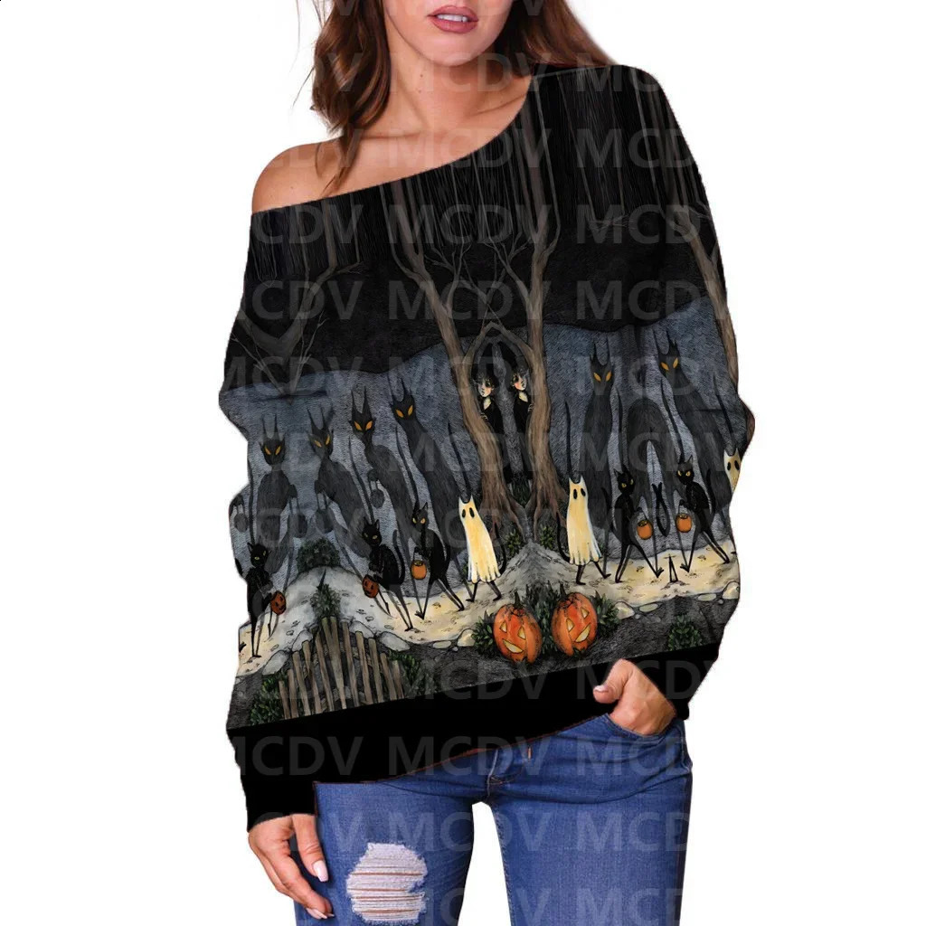 Womens off shoulder sweater Halloween cat 3D printed womens casual long sleeved 240821