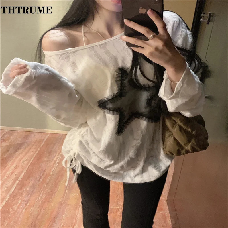Y2K womens high street sweater fashionable slim shoulders streetwear jumper casual retro star print latte art 240821