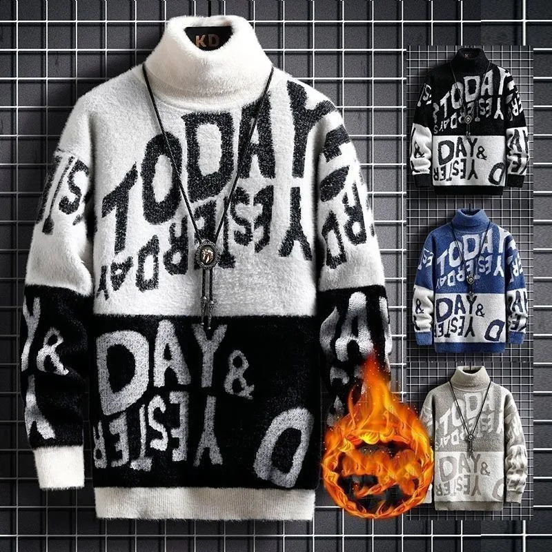 Autumn Winter Youth High Neck Sweater Mens Junior High School Students Letter Printed Long Sleeve Pullover Casual Knitted Tops 240821