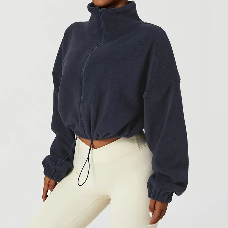 Streetwear Zipper Up Cropped Sweatshirt Women Autumn Casual Long Sleeve Lambs Wool Jacket Woman Drawstring Stand Collar Coats 240821