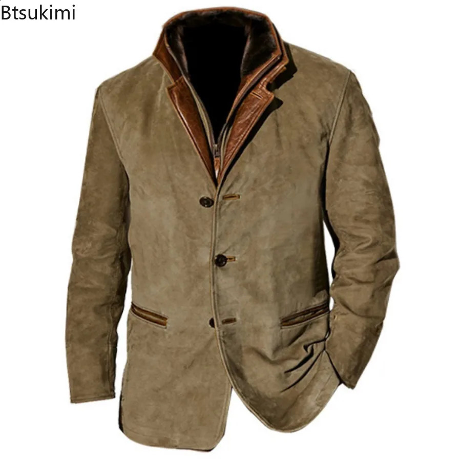 Vintage Men Blazer Jacket 2024 Fall Winter Male Casual Classic Buttonup Coat Fashion Slim England Style Lapel Outerwear 24