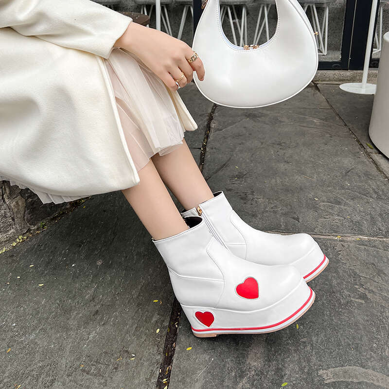 Women Platform Chunky Ankle Boots - Round Toe Zipper Wedges High Heels Sweet Lolita Heart Shape Thick Sole Goth Booties Dropship