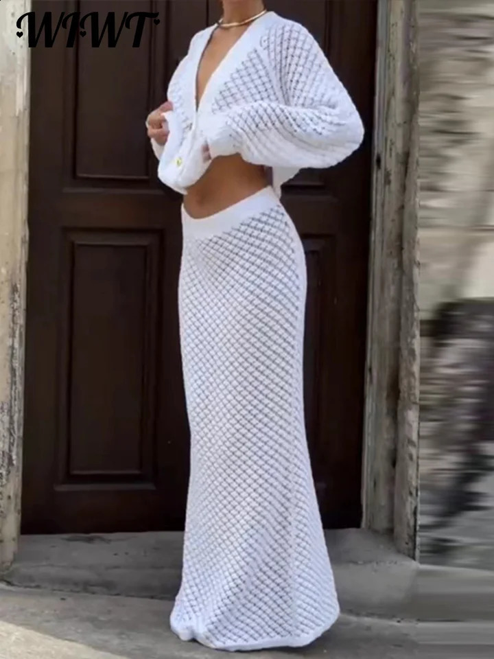 Slim Knit Hollow Out Cardigan Skirts Set Women Single Breasted V-Neck Long Sleeve Top Elegant Skirt Autumn Chic Lady Outfit 240820