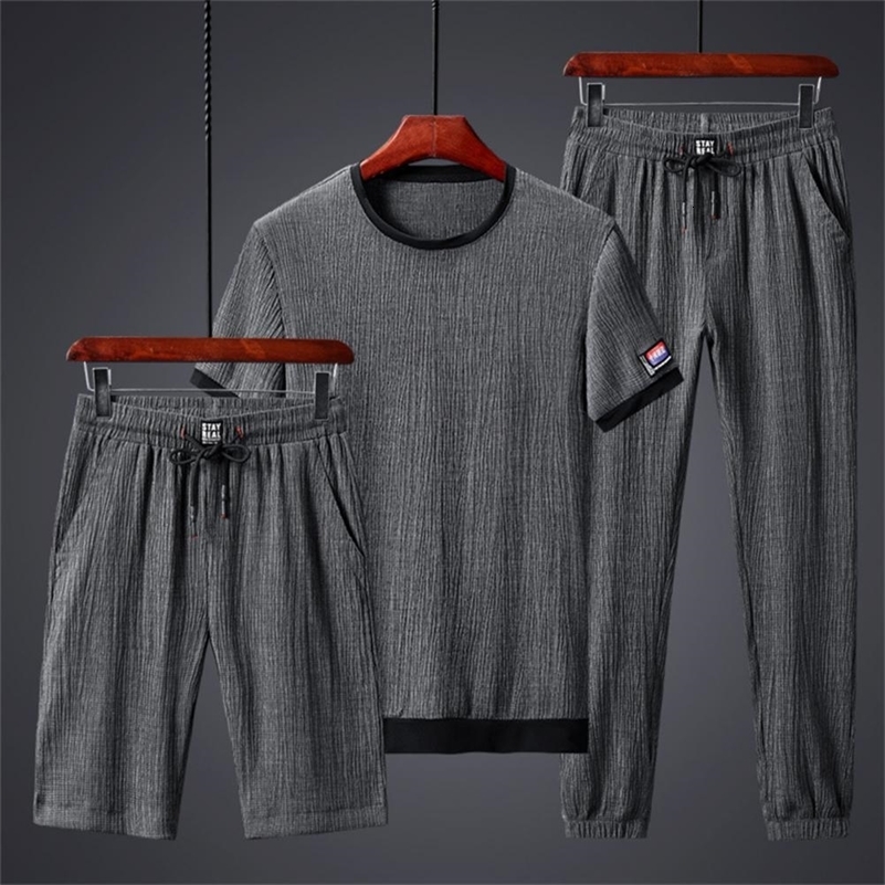 Mens 3 Piece Fashion Sports Suit Men T-shirt Shorts Trousers Ice Silk Gym Outfit Jogging Polyester Men Sportwear Set Streetwear 240821