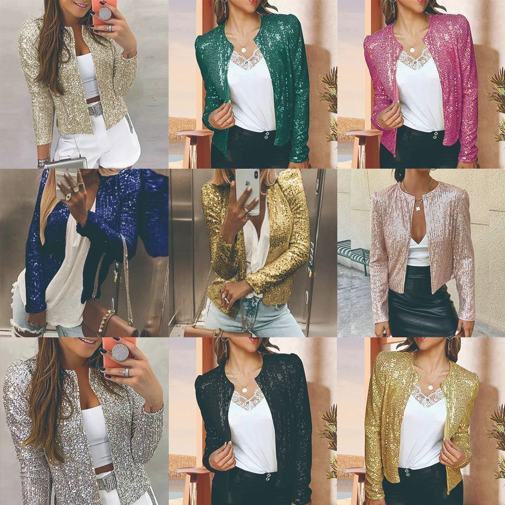 2024 Spring New Women's Fashion Stand up Collar Colored Sequin Short Casual Versatile Small Coat