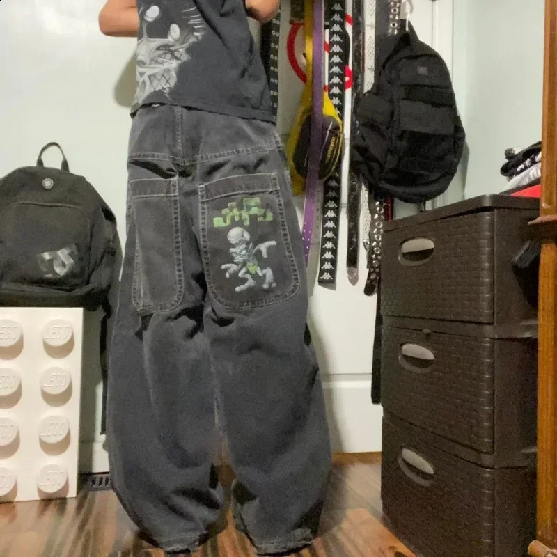 Hip Hop JNCO Streetwear Y2K Men Clothing Baggy Jeans high quality Embroidered pattern Black Jeans men women Goth wide leg jeans 240821