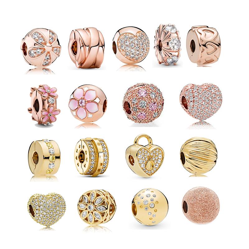 Rose Gold Sparking Cubic Zirconia Heart Padlock Clips Spacer Charms Original Bracelet Beads For Jewelry Making Free Shipping