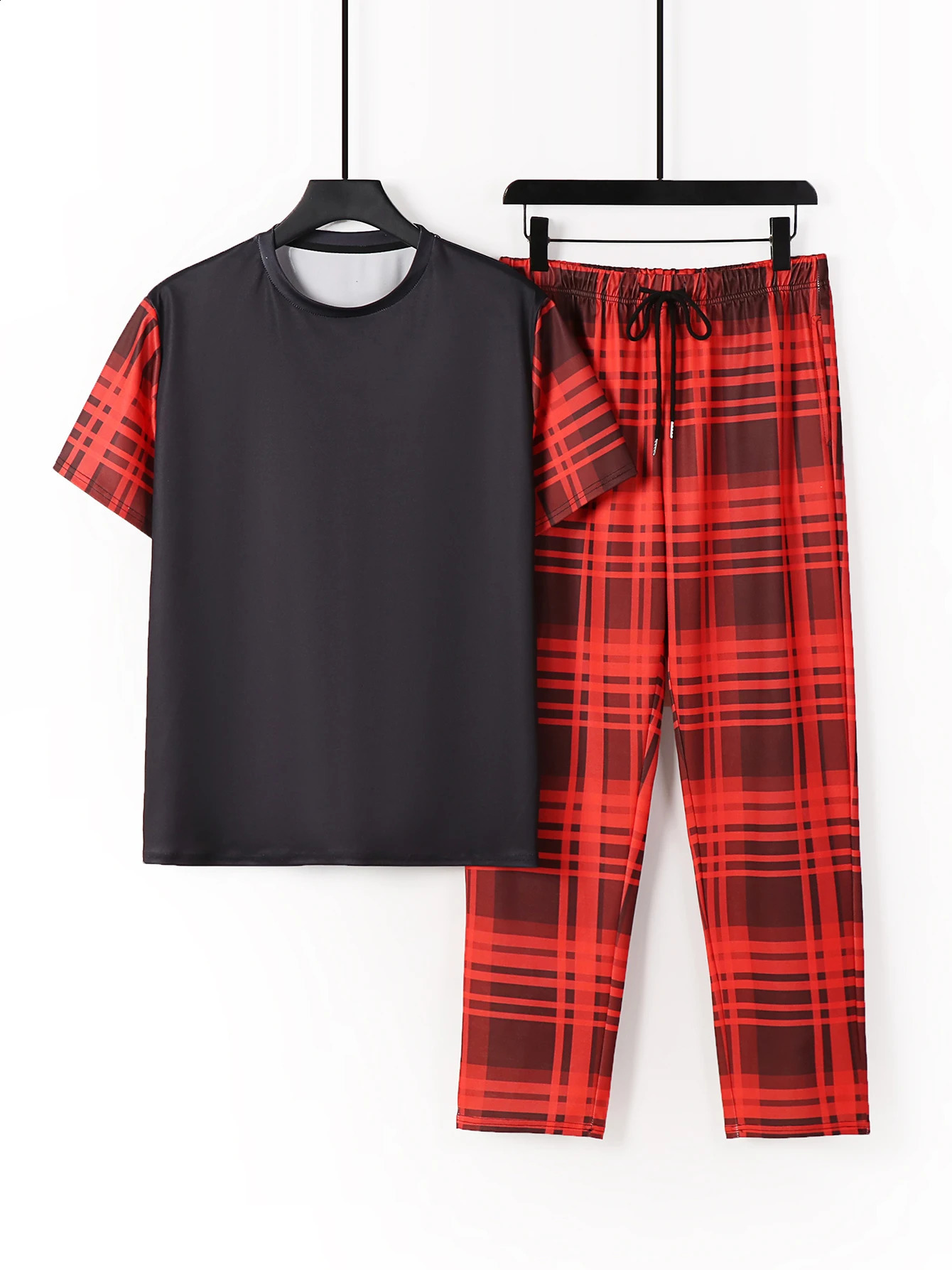 Summer Mens Plaid Striped Printed Casual Fashion Sports Short Sleeve Long Pants Suit 240821