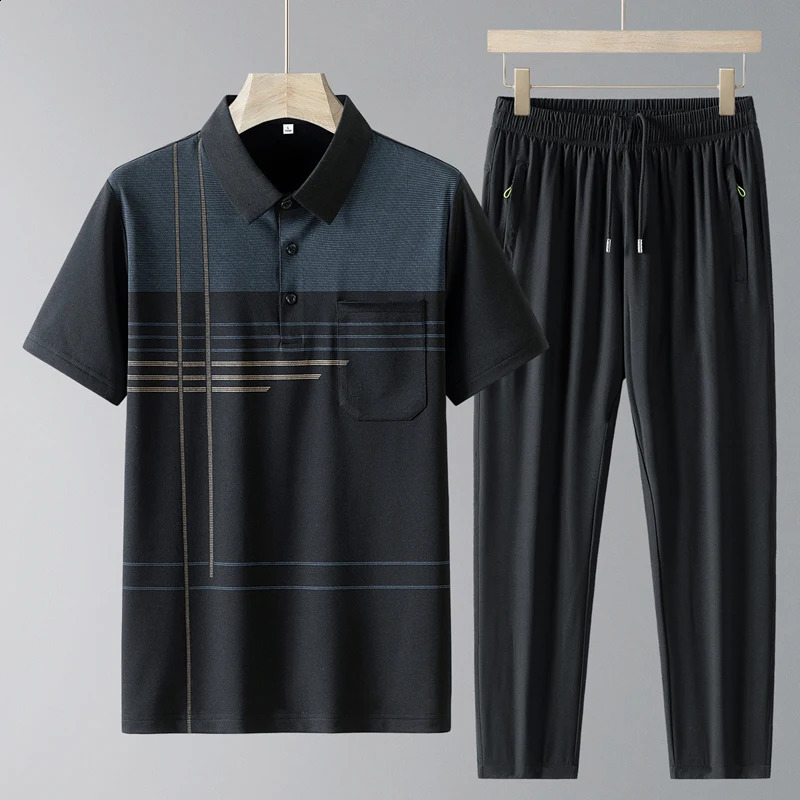 Simplicity Casual Summer Print Ice Silk Mens Lapel Button Pockets Loose Short Sleeve Tops Trend Elastic Waist Pants Sets 240821