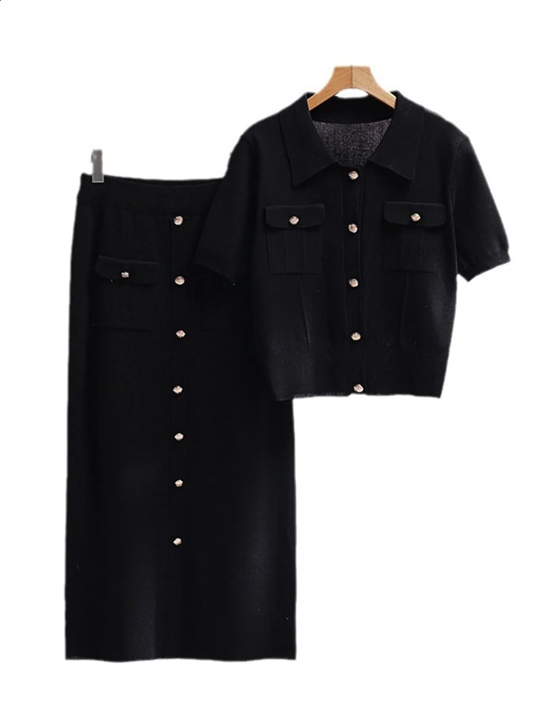 XFPV Women Sweet Lapel Short Sleeved Sweater long slim Skirt Knitted Two-piece Set Y2k Korean Fashion Autumn Winter SM11451 240820