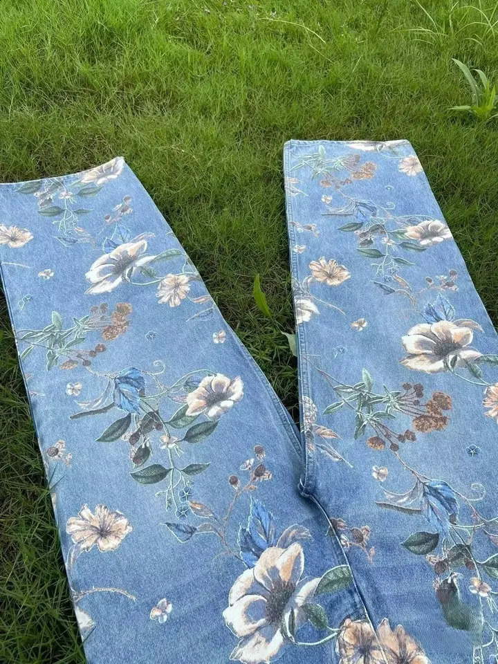 Mens Flower Printed Jeans Y2k Graphic Denim Harajuku Gothic Mid Waist Straight-leg Pants Man Korean fashion Streetwear 240821