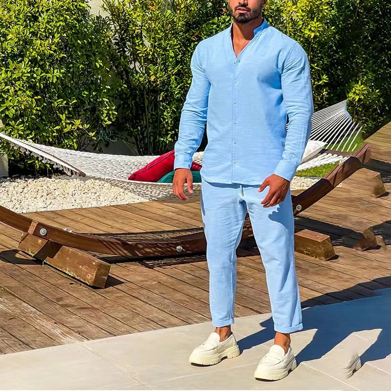 Fashion Simple Casual Sports Suit Mens Linen Breathable Solid Color Long-sleeved Stand Collar Shirt And Trousers Two-piece Set 240821