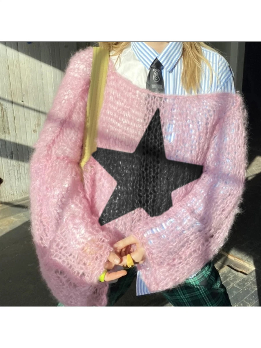 Women Star Pattern Long Sleeve O Neck Casual Hollow Knitted Pullover Top Fashion Oversized Sweater Spring Autumn Y2k Streetwear 240821