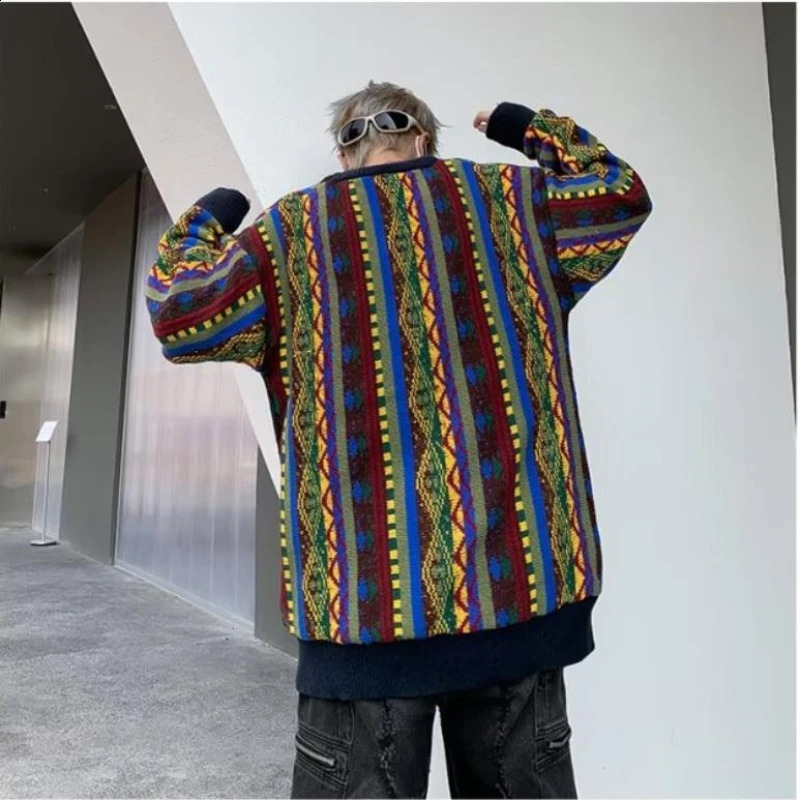 Colorful Printed Retro Men Sweater Color Block Hip Hop Trend Round Neck Knitted Top College Casual Oversized Pullover 240821